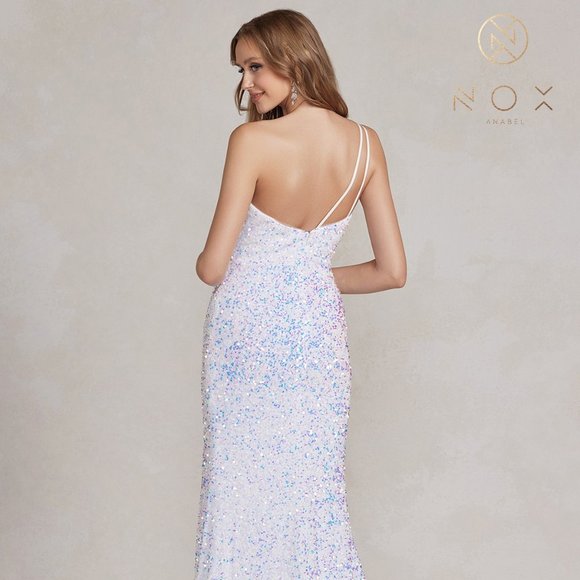 NEW LONG ONE SHOULDER SHEATH EMBROIDERED SEQUIN DRESS WITH ZIPPER BACK NX R1202 - Picture 7 of 9